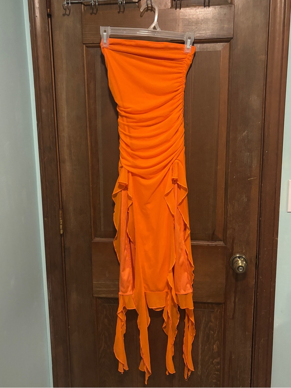 SHEIN Orange Strapless Asymmetrical Ruffle Maxi Dress